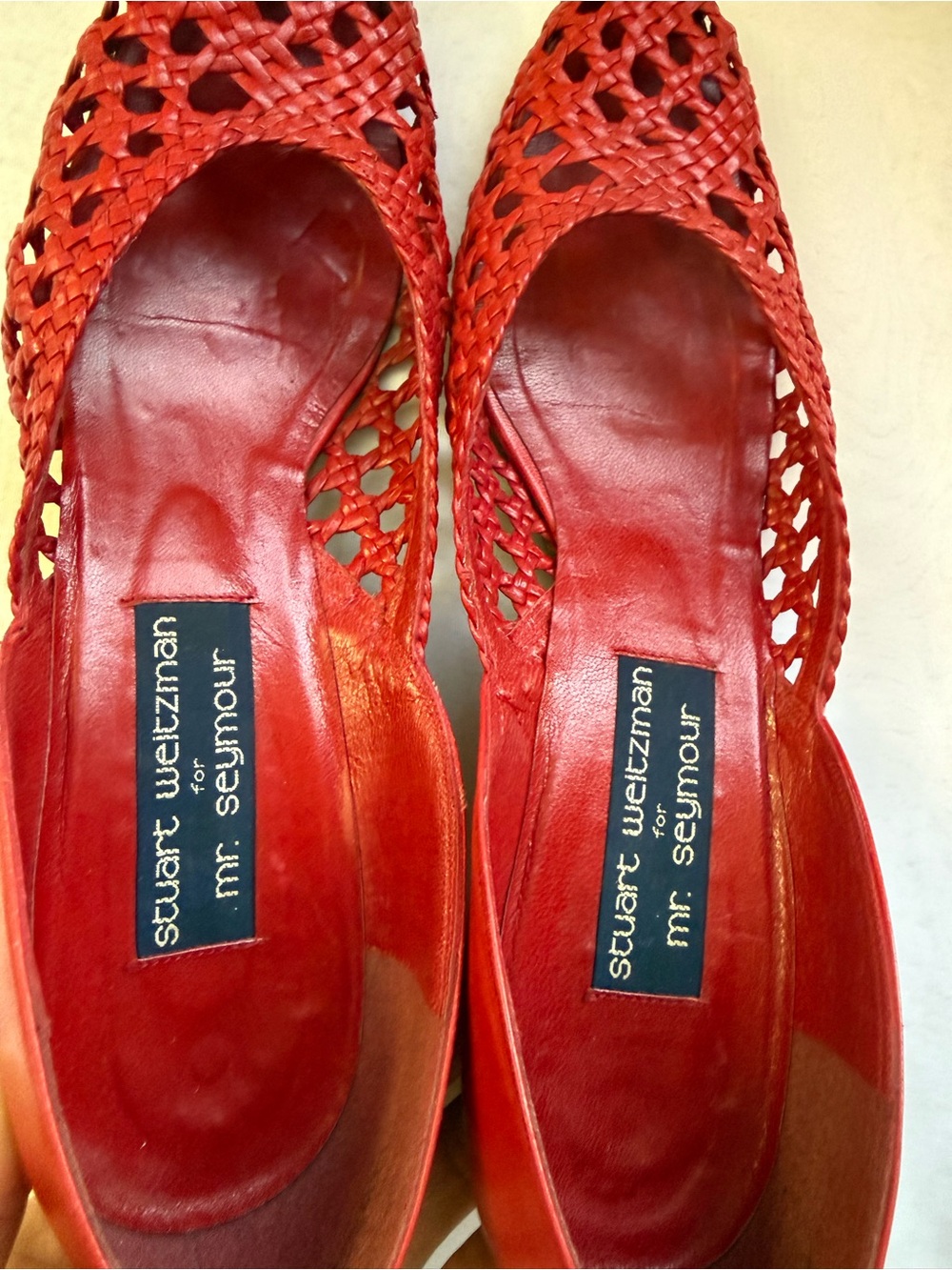 Vintage Stuart Weitzman for Mr. Seymour Red Woven Leather Kitten Heel Pumps - Picture 4 of 8